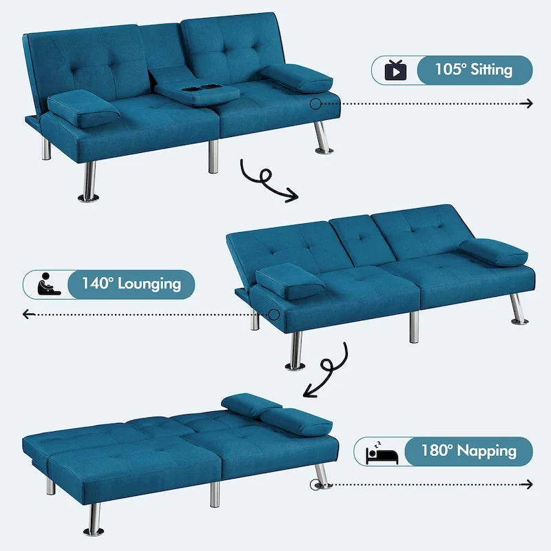 Convertible Futon Sofa Bed with Adjustable Backrest and Cup Holder Tray