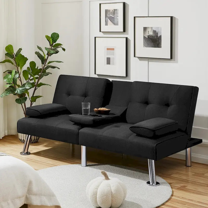 Convertible Futon Sofa Bed with Adjustable Backrest and Cup Holder Tray