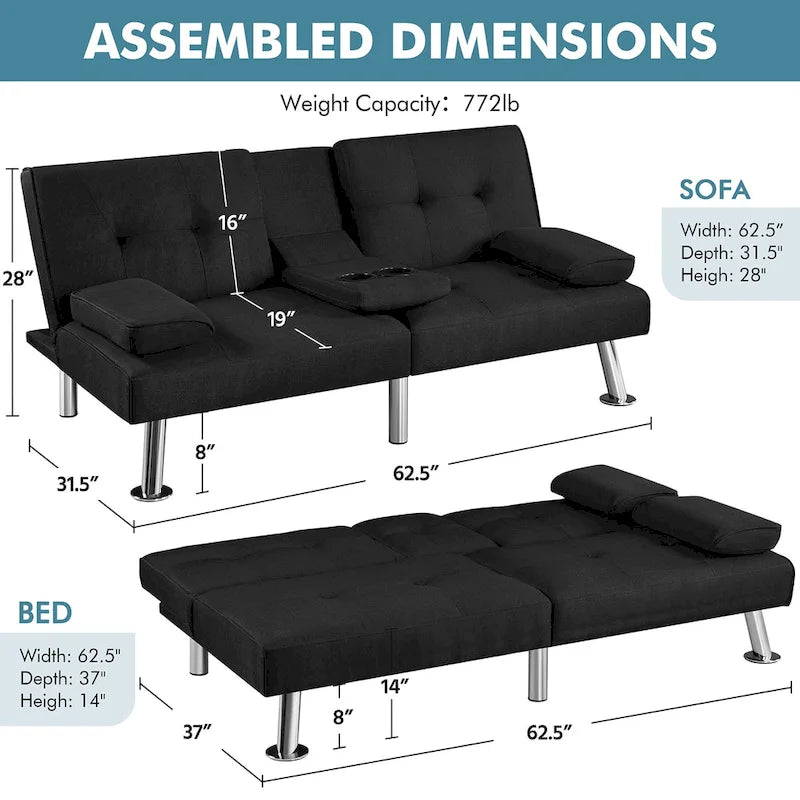 Convertible Futon Sofa Bed with Adjustable Backrest and Cup Holder Tray