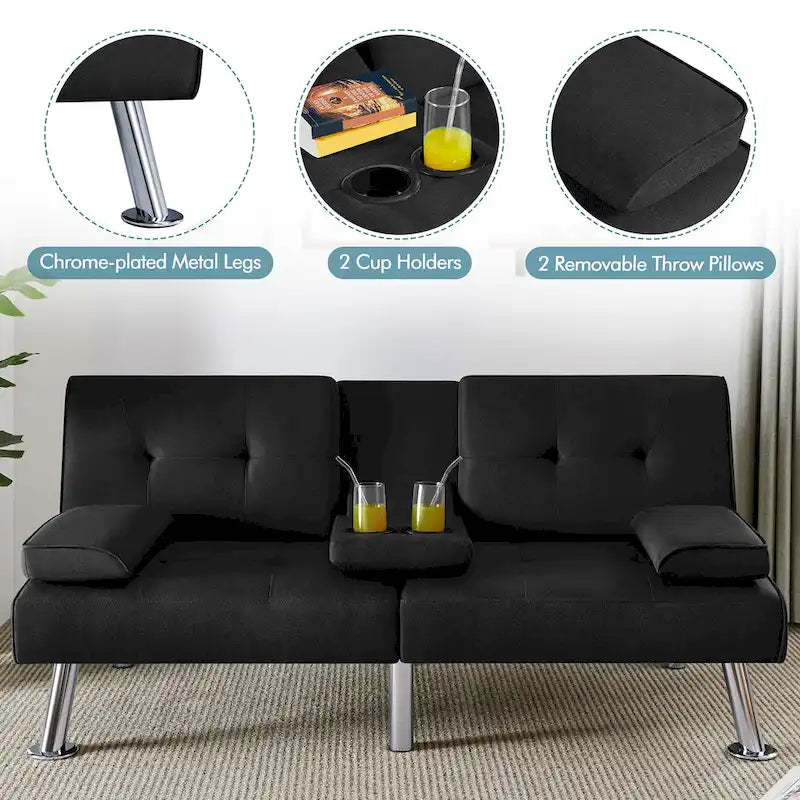 Convertible Futon Sofa Bed with Adjustable Backrest and Cup Holder Tray