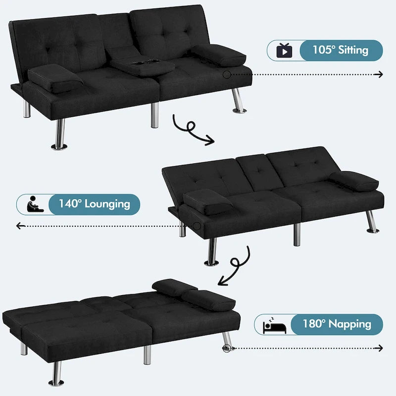 Convertible Futon Sofa Bed with Adjustable Backrest and Cup Holder Tray
