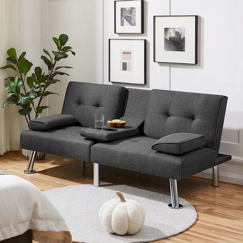 Convertible Futon Sofa Bed with Adjustable Backrest and Cup Holder Tray