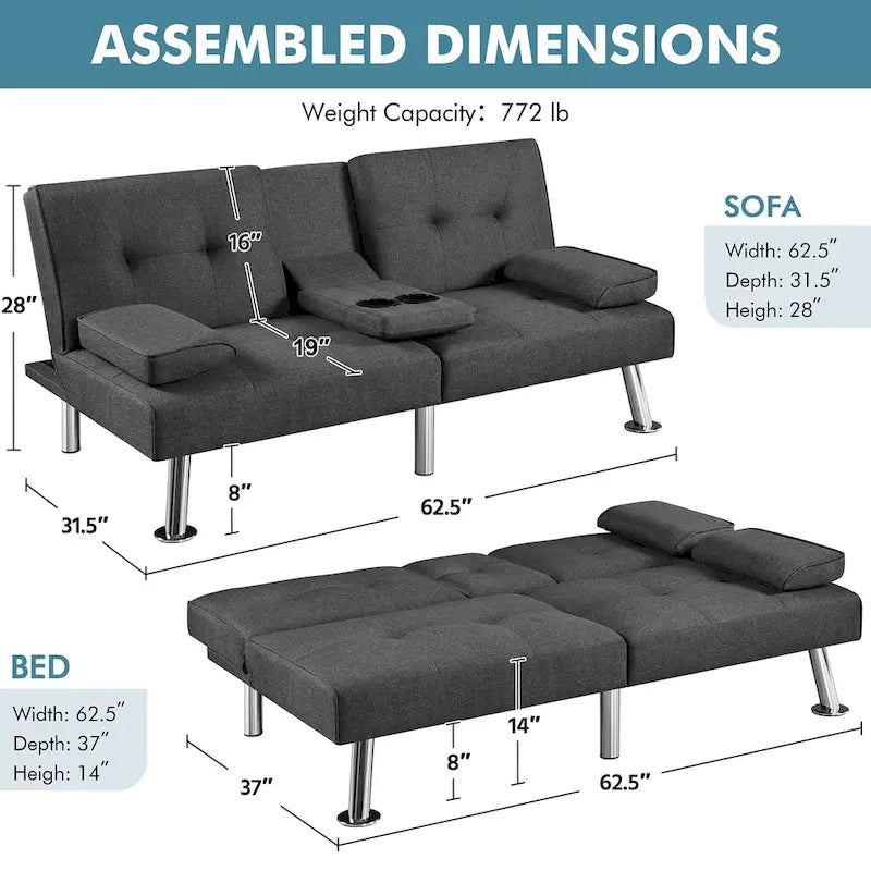 Convertible Futon Sofa Bed with Adjustable Backrest and Cup Holder Tray