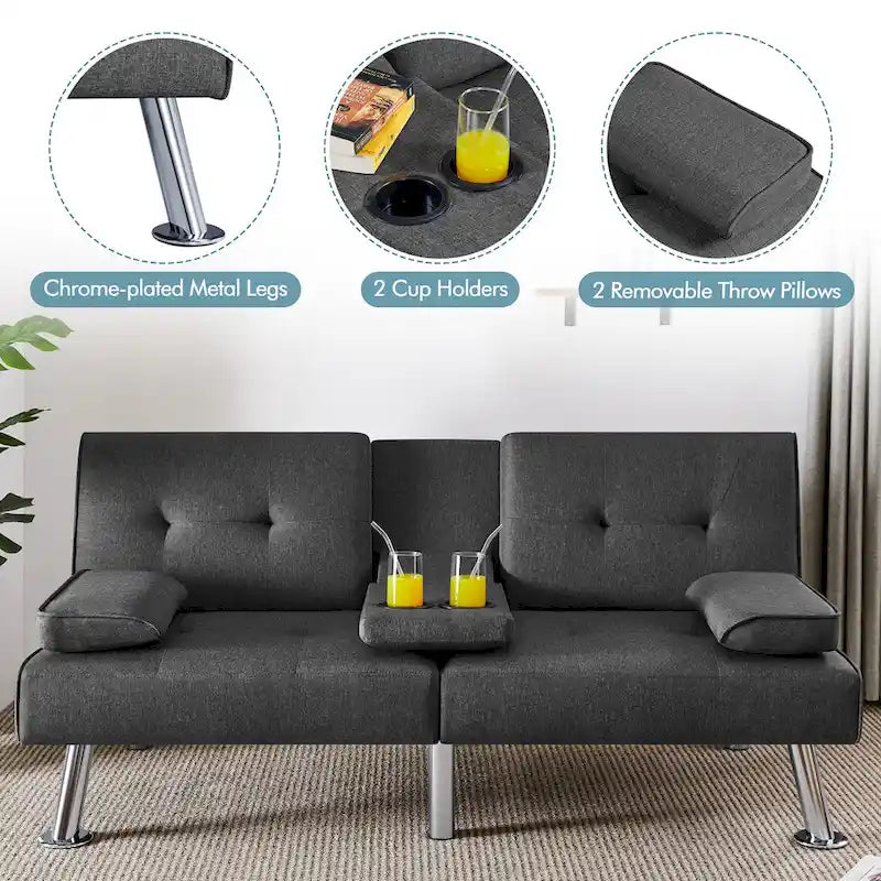 Convertible Futon Sofa Bed with Adjustable Backrest and Cup Holder Tray