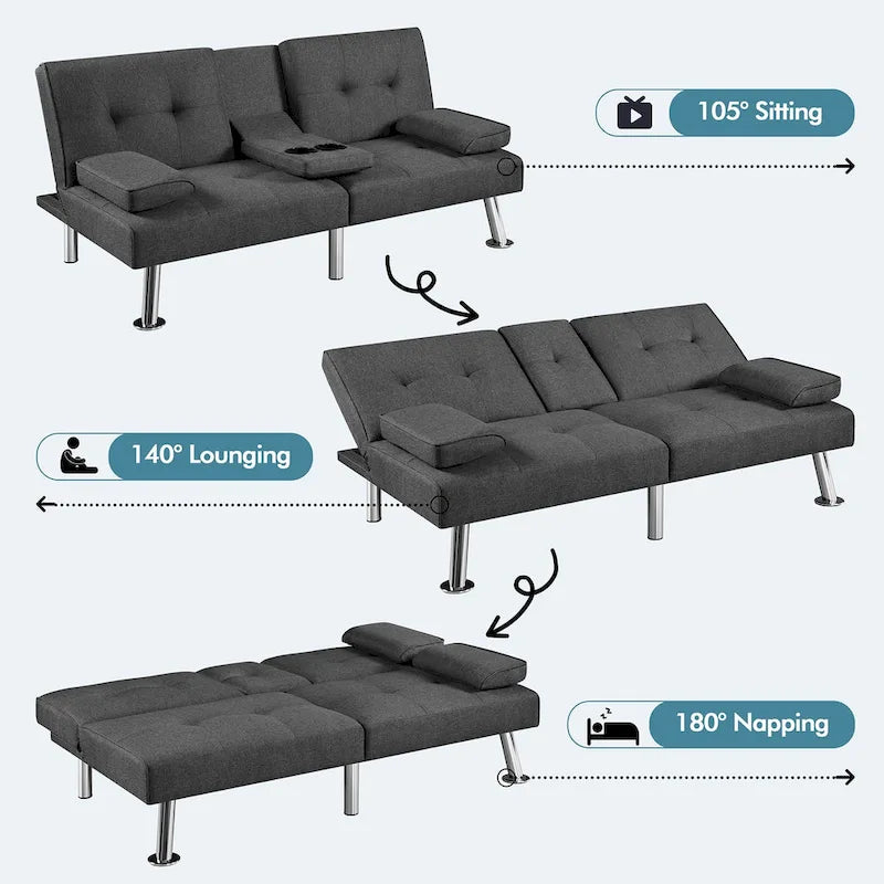 Convertible Futon Sofa Bed with Adjustable Backrest and Cup Holder Tray