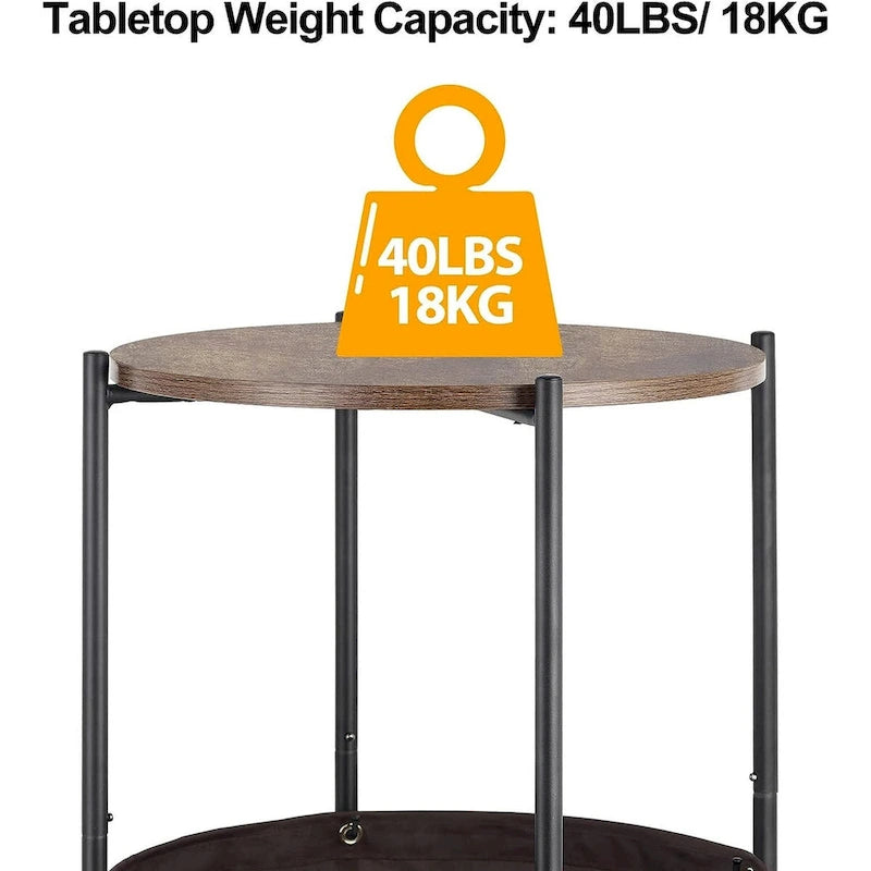 Round Two-Tier End Table with Fabric Storage Basket