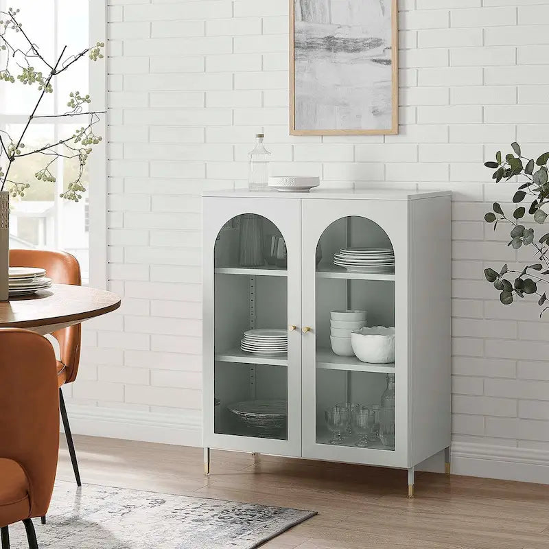 Arched Glass-Door Storage Cabinet with Adjustable Shelves