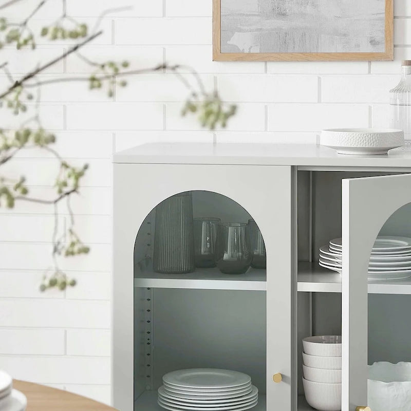 Arched Glass-Door Storage Cabinet with Adjustable Shelves