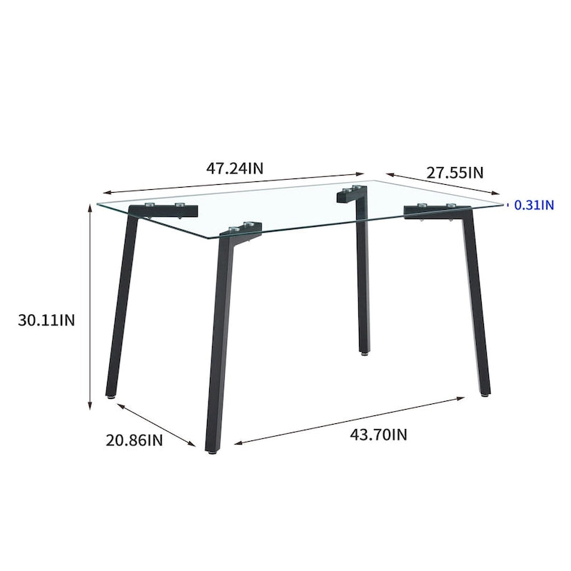 Rechteckiger Esstisch aus gehärtetem Glas mit Metallbeinen